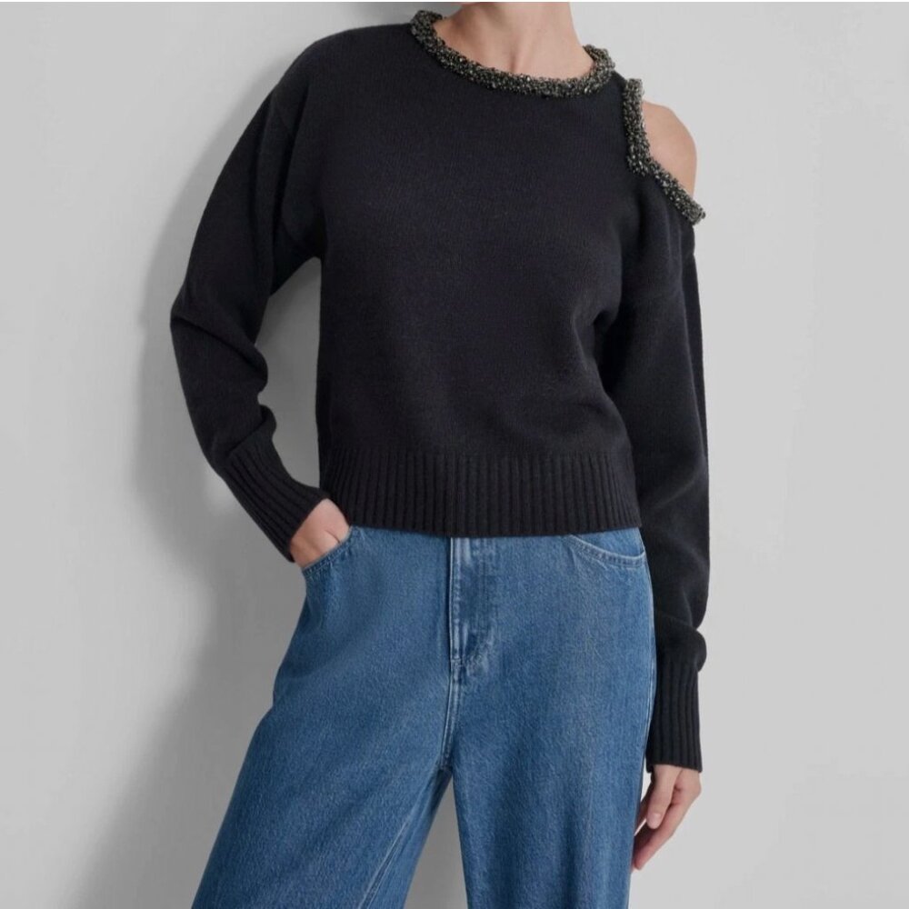 DKNY Women's Black Wool Gem-Embellished Cold-Shoulder Sweater Size XS, NWT